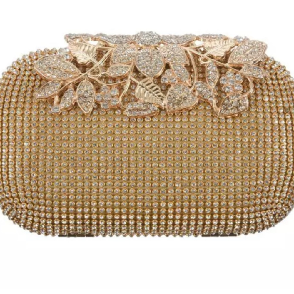 1X(Unique Gold Rhinestone Evening bag Clutch Purse Party Bridal Prom E5X8)